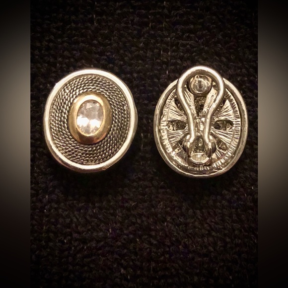 Vintage Silver & Gold Toned with Rhinestone Center Earrings - Picture 2 of 2